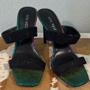 Nine West Rhinestone Black Heels with Iridescent Green-Blue Accents